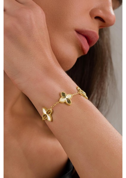 Gümüş Altın Gold Kaplama Üçlü Yonca Çiçek Kalemli Lazer Işlemeli Taşsız Bileklik