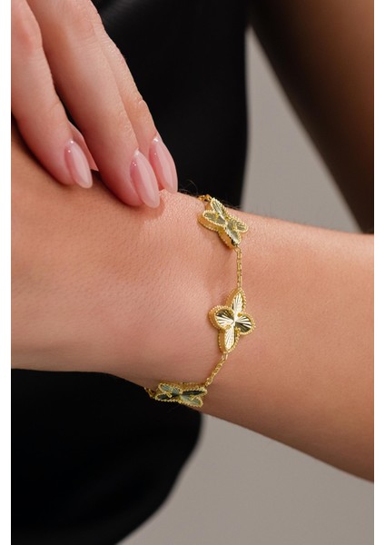 Gümüş Altın Gold Kaplama Üçlü Yonca Çiçek Kalemli Lazer Işlemeli Taşsız Bileklik modelleri