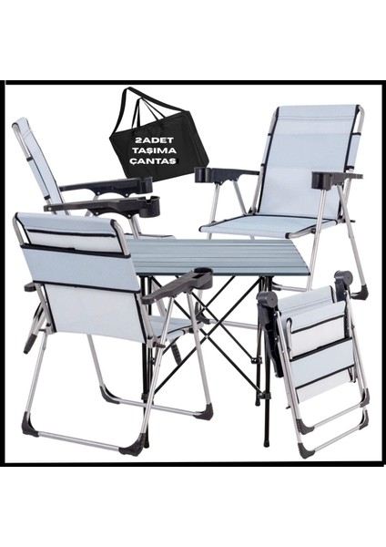 Turkuaz Katlanır Kamp Sandalyesi ve Alüminyum Masa Seti 4'lü, Taşıma Çantasıyla