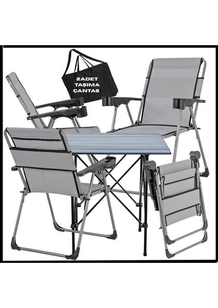 Katlanabilir Kamp Sandalyesi ve Masa Seti, Taşıma Çantasıyla Kül Gri 4'lü