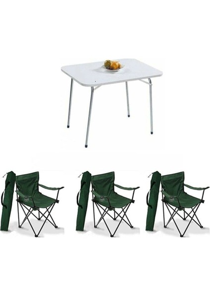 60X80 Katlanır Beyaz Masa ve 3 Yeşil Rejisörlü Piknik Sandalyesi