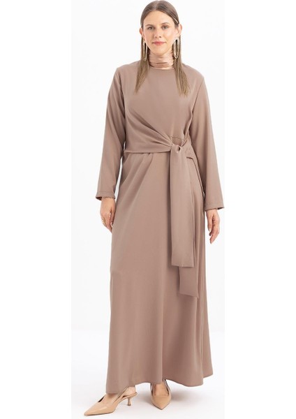 Vizon-Kuşaklı Saten Elbise