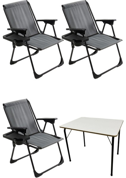 Gri Katlanabilir Kamp Sandalyesi ve Mdf Masa Seti, 3'lü Paket