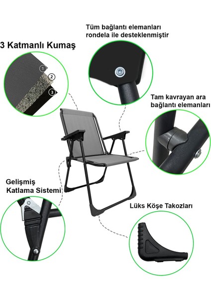 Gri Katlanabilir Kamp Sandalyesi ve Mdf Masa Seti, 3'lü Paket