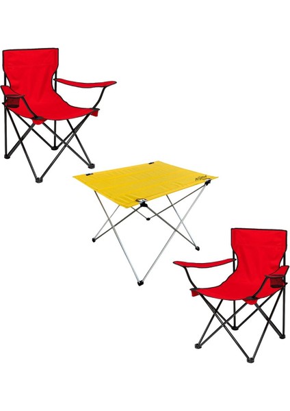 2'li Katlanır Kamp Sandalyesi ve Masa Seti, Kırmızı/sarı, Hafif ve Pratik