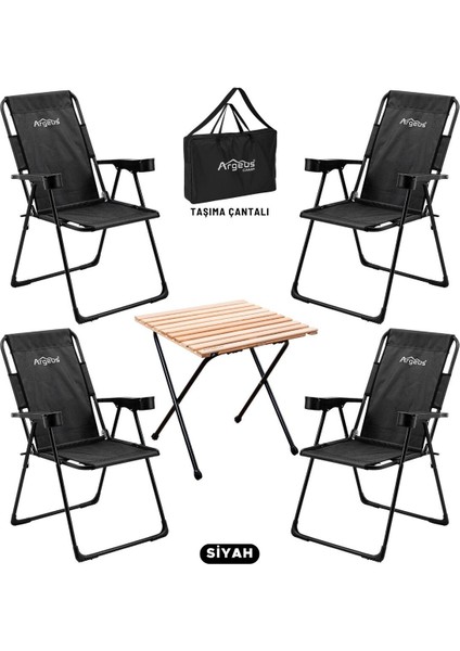 4'lü Katlanır Kamp Sandalyesi ve Masa Seti, Taşıma Çantalı, Siyah, 130 kg Taşıma