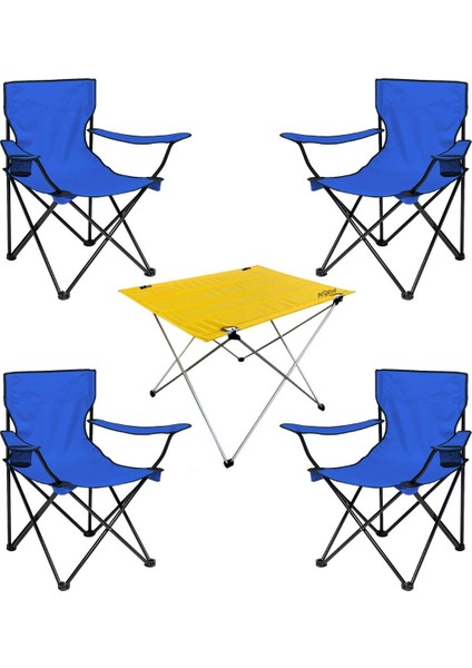 4'lü Katlanır Kamp Sandalyesi ve Masa Seti, Mavi/sarı, Taşınabilir, Rahat Kullanım