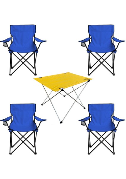 4'lü Katlanır Kamp Sandalyesi ve Masa Seti, Mavi/sarı, Taşınabilir, Rahat Kullanım fiyatları
