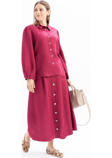 Vişne-Kol Ağzı Pile Detaylı Keten Gömlek