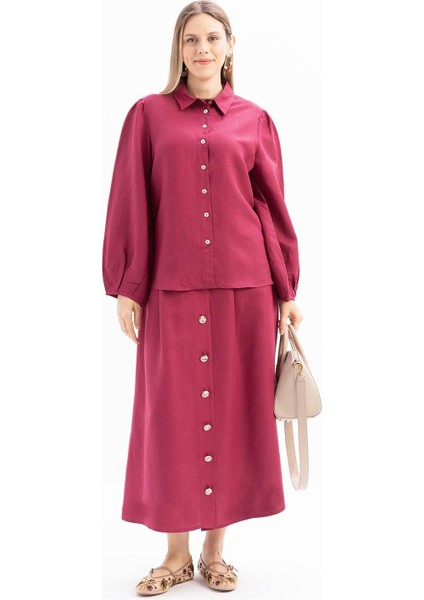 Vişne-Kol Ağzı Pile Detaylı Keten Gömlek fiyatları