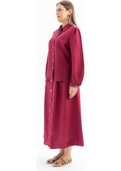 Vişne-Kol Ağzı Pile Detaylı Keten Gömlek modelleri