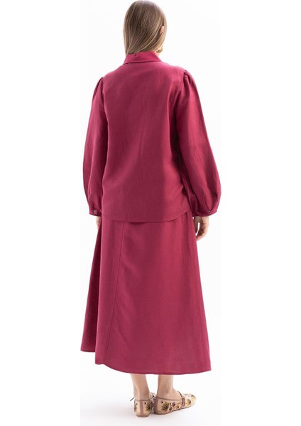 Vişne-Kol Ağzı Pile Detaylı Keten Gömlek fırsatları