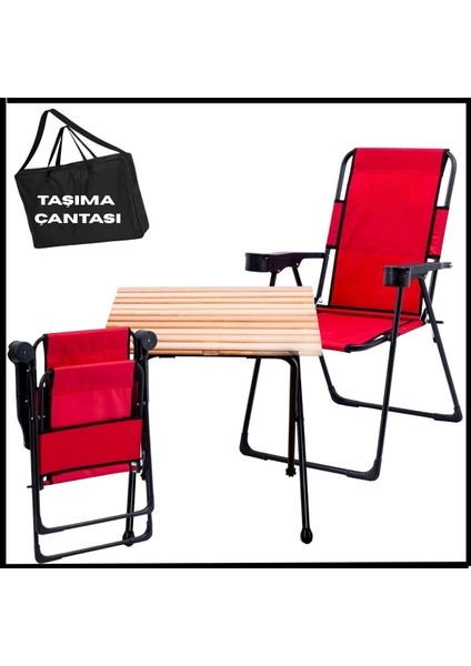 Katlanır Kamp Sandalyesi ve Masa Seti, Taşıma Çantalı, Kırmızı, 2'li Paket