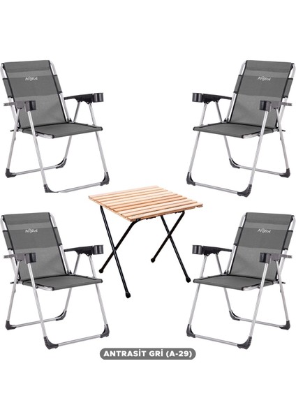4'lü Katlanır Kamp Sandalyesi ve Masa Seti Antrasit, Bardaklıklı, 140 kg