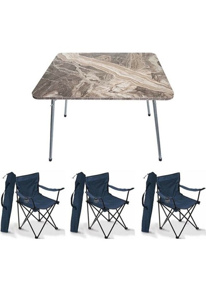 Katlanır Mermer Masa + 3 Mavi Rejisör, Piknik ve Plaj Sandalyesi