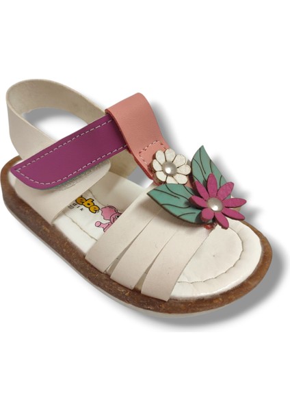 Şirinbebe 1653-20 Yan Çiçekli Cırtlı Kız Çocuk Sandalet Beyaz Pembe 21-25