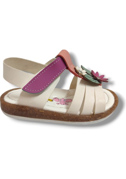 Şirinbebe 1653-20 Yan Çiçekli Cırtlı Kız Çocuk Sandalet Beyaz Pembe 21-25