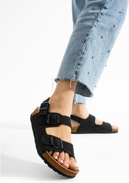 Holm Çift Tokalı Siyah Camel Kadın Sandalet