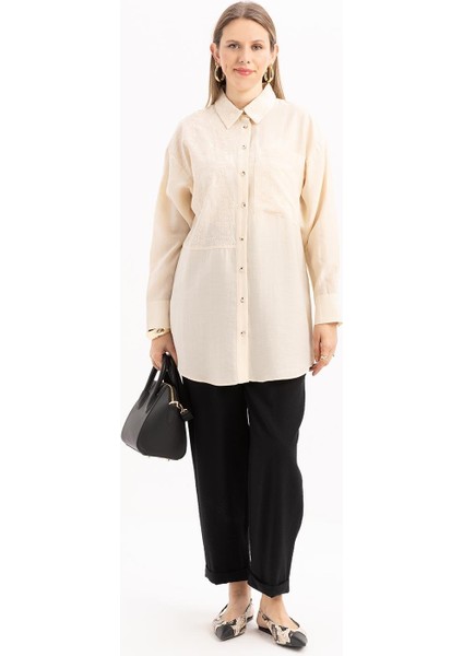 Açık Bej-Fisto Detaylı Büyük Cepli Gömlek fiyatları