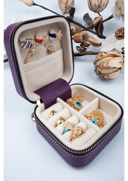 Mor Fermuarlı Deri Takı ve Seyahat Çantası, Ahşap Detaylı, 11X11 cm