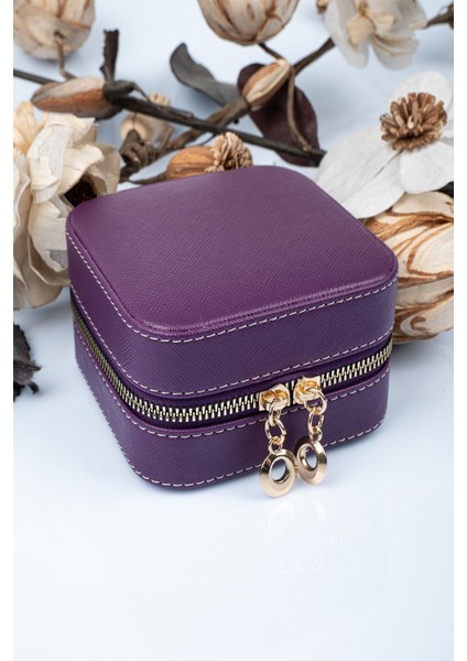 Mor Fermuarlı Deri Takı ve Seyahat Çantası, Ahşap Detaylı, 11X11 cm modelleri