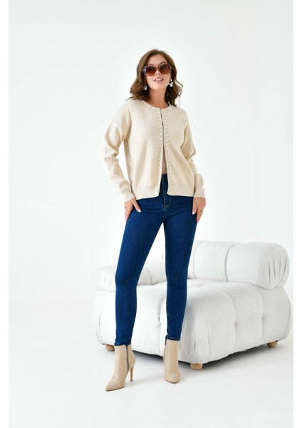 Kadın Inci Detaylı Hırka Bej