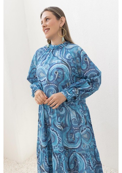 Mavi-Indigo-Desenli Etek Fırfırlı Elbise