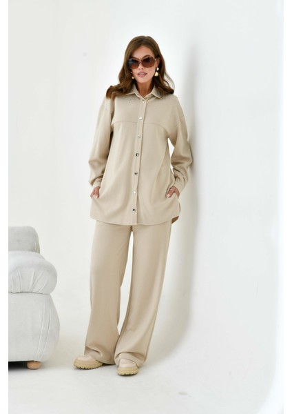 Kadın Taş Detaylı Takım Beige