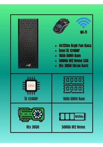 RMT2306 I5 12400F | Rtx 3050 6gb | 16GB Ram | 500GB M2 Nvme Masaüstü Gaming Bilgisayar