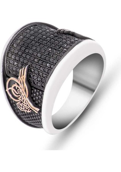 Gümüş Siyah Taşlı Tuğralı Erkek Yüzük - 20