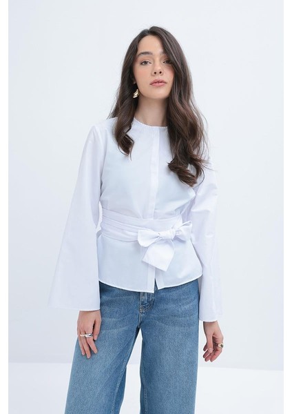 Beyaz-Geniş Kollu Kuşaklı Gömlek