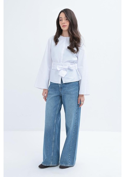 Beyaz-Geniş Kollu Kuşaklı Gömlek fiyatları