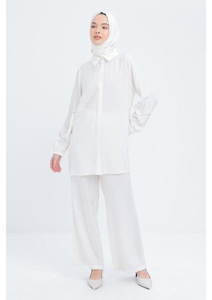 Ekru-Zincir Nakışlı Kolu Lastikli Gömlek fiyatları