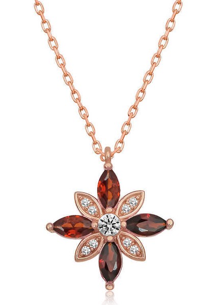 Gümüş Rose Kırmızı Taşlı Umut Çiçeği Kolye