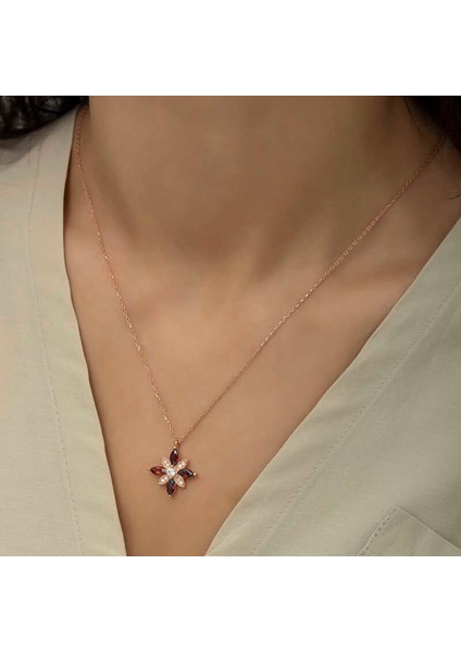 Gümüş Rose Kırmızı Taşlı Umut Çiçeği Kolye modelleri