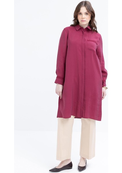 Vişne-Şerit Dantel Detaylı Büyük Beden Modal Gömlek