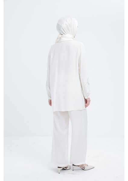 Ekru-Zincir Nakışlı Kolu Lastikli Gömlek modelleri