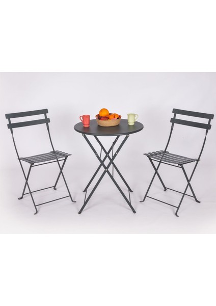 Katlanabilir Metal Masa ve Sandalye Seti, Antrasit Gri, 59 cm Yuvarlak Yüzey