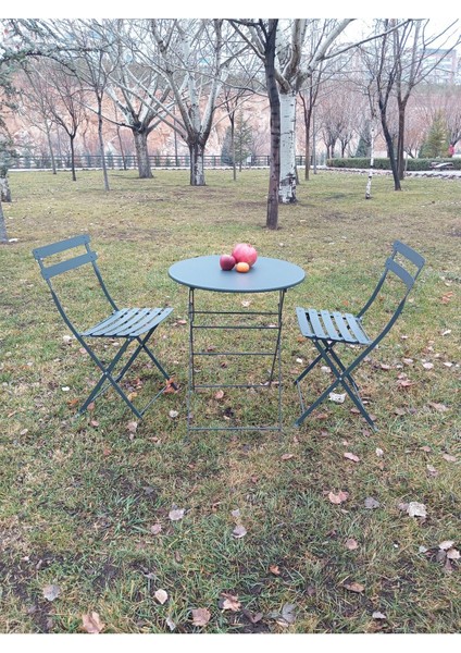 Katlanabilir Metal Masa ve Sandalye Seti, Antrasit Gri, 59 cm Yuvarlak Yüzey