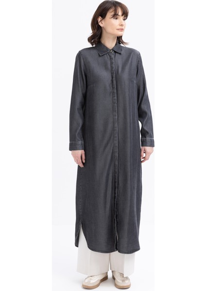 Gri-Denim Gizli Patlı Uzun Gömlek fiyatları