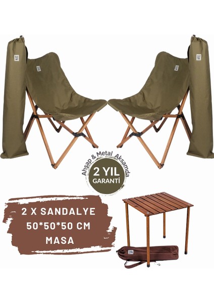 Ahşap Katlanır Masa ve Sandalye Seti, Haki Kılıf, 50X50X50 cm