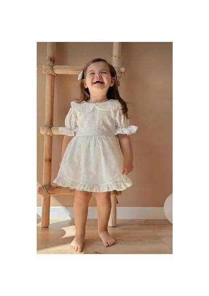 Kız Çocuk Fiyonk Detaylı Özel Gün Doğum Günü Parti Düğün Elbisesi Beyaz