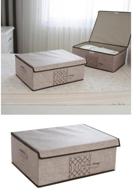 2 Adet Bej Keçe Kapaklı Çok Amaçlı Saklama Kutusu 50X40X19