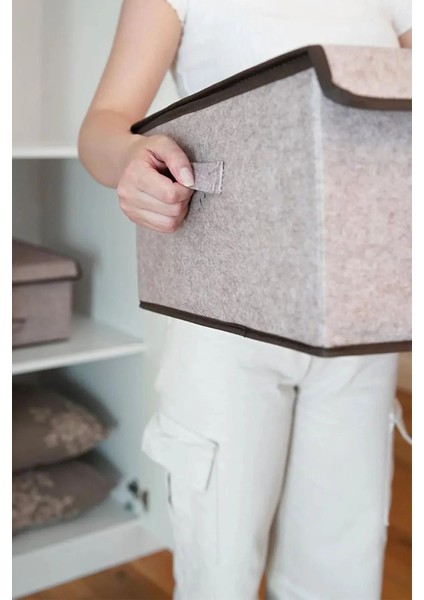 2 Adet Bej Keçe Kapaklı Çok Amaçlı Saklama Kutusu 50X40X19 fırsatları
