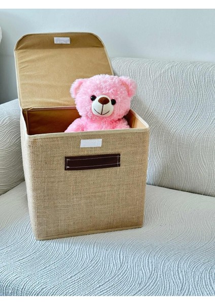 3'lü Kapaklı Jüt Kutu, 30X30X30, Dekoratif, Katlanabilir, Düzenleyici, Bej Renk fırsatları