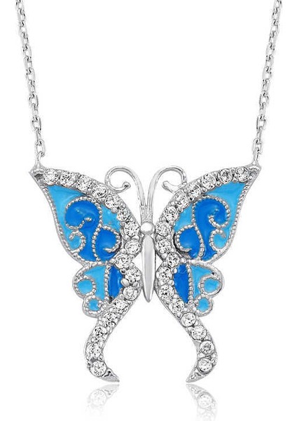 Gümüş Mavi Kelebek Bayan Kolye