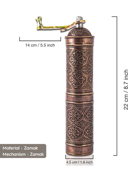 Glıos Bakır Zamak Karabiber, Kahve, Çörek Otu Ve Haşhaş El Değirmeni Öğütücü Grinder 22 Cm