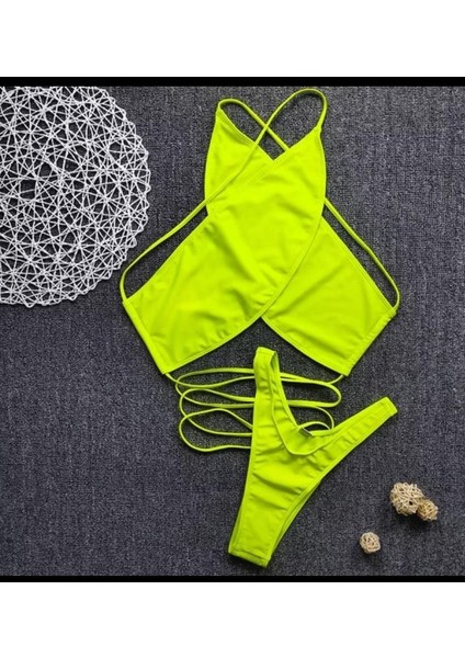 Bikini, Plaj Giyim, Bağlama Detaylı Bikini, Fosforlu Yeşil Bikini, Brezilyan Kesim Bikini fiyatları