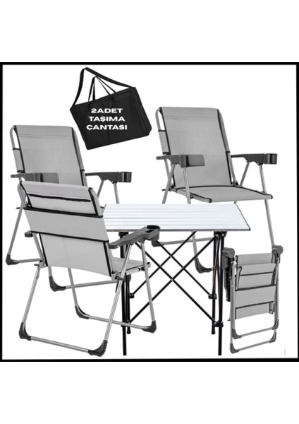 Taşınabilir Katlanır Kamp Sandalyesi ve Alüminyum Masa Seti, Kül Gri, 4'lü Paket