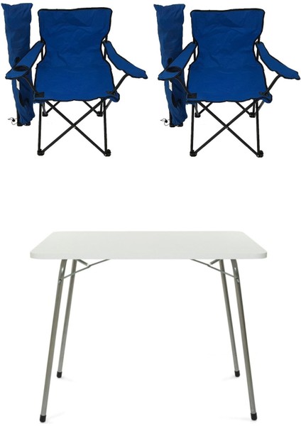 Katlanır Masa ve 2 Mavi Kamp Sandalyesi, 60X80 Cm, Pratik ve Şık Set